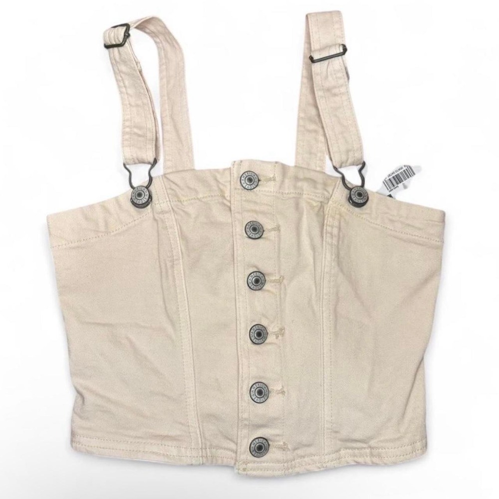 American Eagle Cream Denim Button Front Overall Strap Corset Top